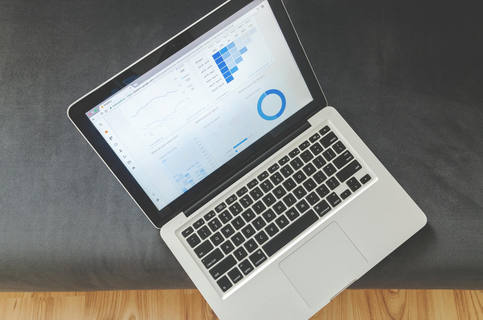 Vedere de sus a unui laptop cu grafice și analytics